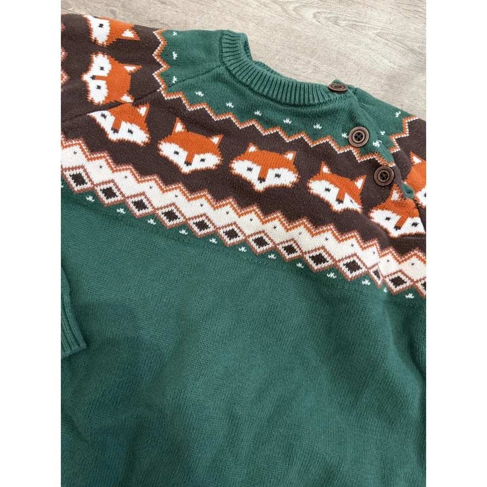 GYMBOREE Boys Green Fox FairIsle Cotton Sweater Size 12 Fall‎ Long Sleeve Button